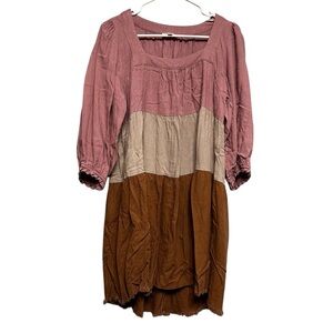 Umgee Linen Blend Pink Brown Colorblock Tiered 3/4 Sleeve Mini Dress Size Medium
